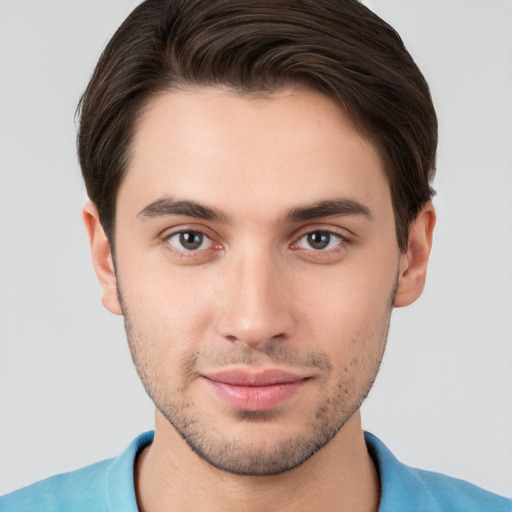 Neutral white young-adult male with short  brown hair and brown eyes