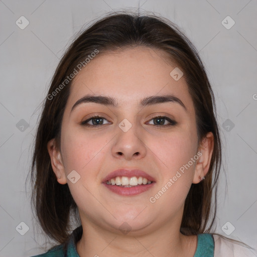 Joyful white young-adult female with medium  brown hair and brown eyes