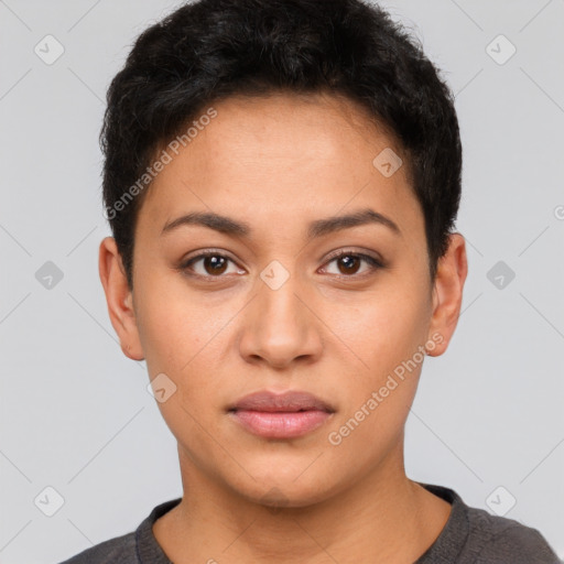 Neutral latino young-adult female with short  brown hair and brown eyes