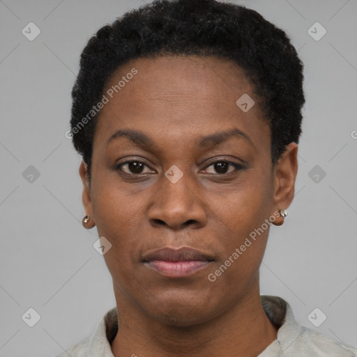 Neutral black young-adult female with short  black hair and brown eyes