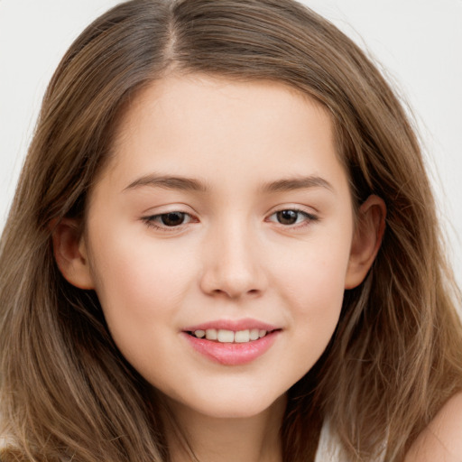 Joyful white child female with long  brown hair and brown eyes