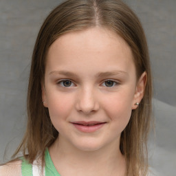 Joyful white child female with medium  brown hair and grey eyes