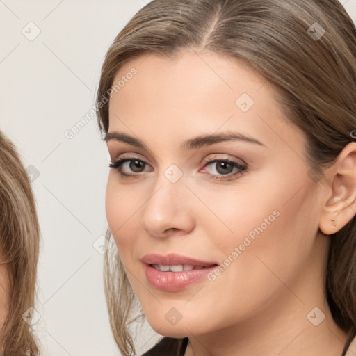 Neutral white young-adult female with medium  brown hair and brown eyes