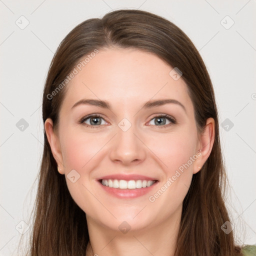 Joyful white young-adult female with long  brown hair and grey eyes