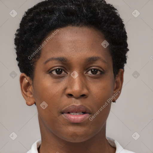 Neutral black young-adult female with short  brown hair and brown eyes