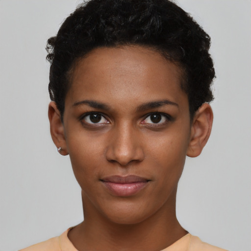 Neutral black young-adult female with short  black hair and brown eyes