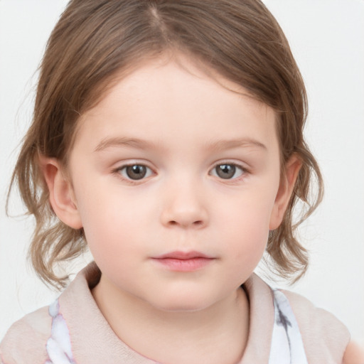 Neutral white child female with medium  brown hair and grey eyes