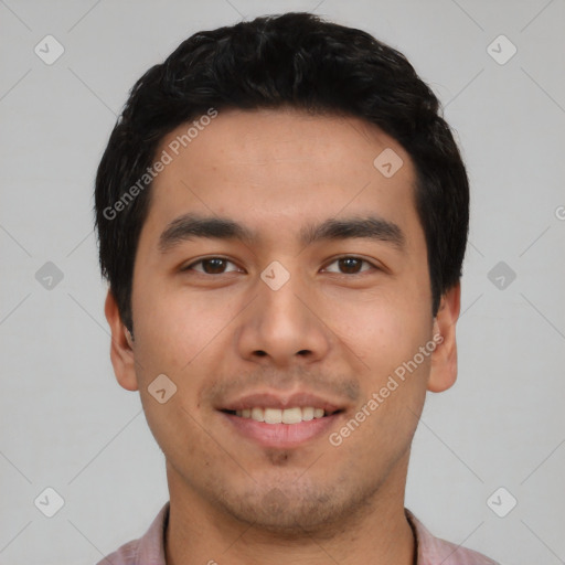 Joyful asian young-adult male with short  black hair and brown eyes