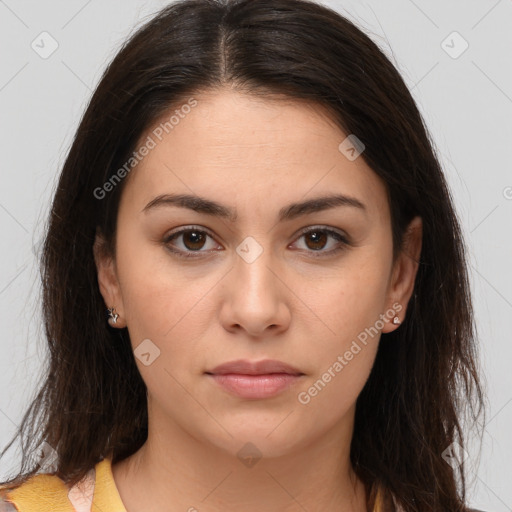 Neutral white young-adult female with medium  brown hair and brown eyes