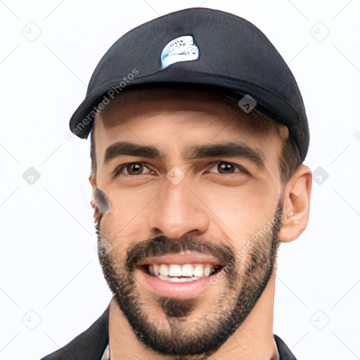 Joyful white young-adult male with short  black hair and brown eyes