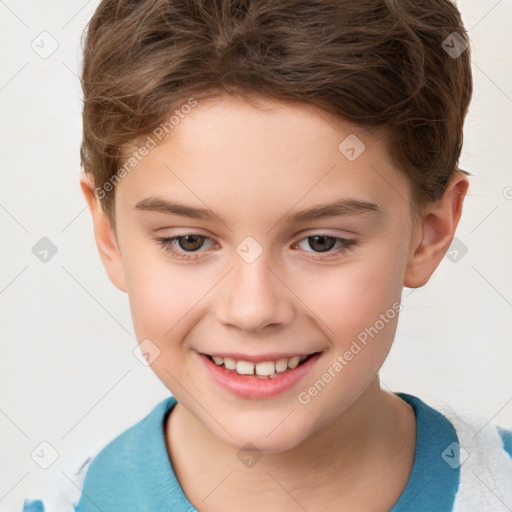 Joyful white child female with short  brown hair and brown eyes