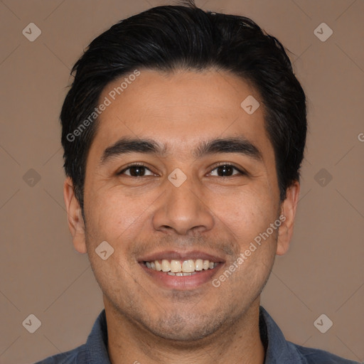 Joyful white young-adult male with short  black hair and brown eyes