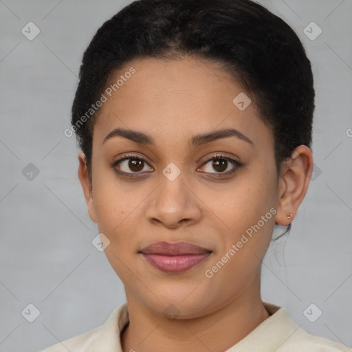 Joyful latino young-adult female with short  brown hair and brown eyes