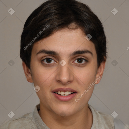 Joyful white young-adult female with short  brown hair and brown eyes