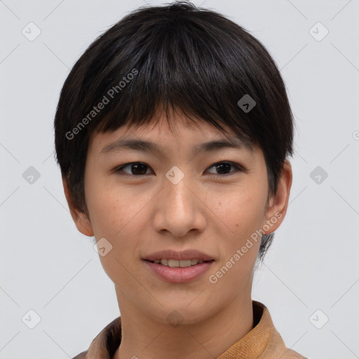 Joyful asian young-adult female with short  brown hair and brown eyes