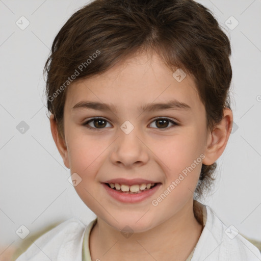 Joyful white child female with short  brown hair and brown eyes