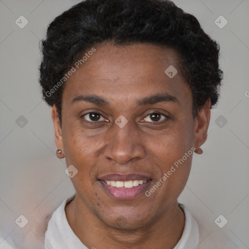 Joyful black young-adult female with short  brown hair and brown eyes