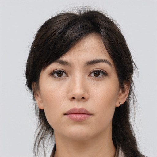 Neutral asian young-adult female with medium  brown hair and brown eyes