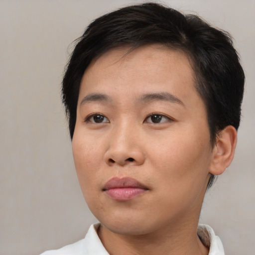 Neutral asian young-adult female with short  brown hair and brown eyes