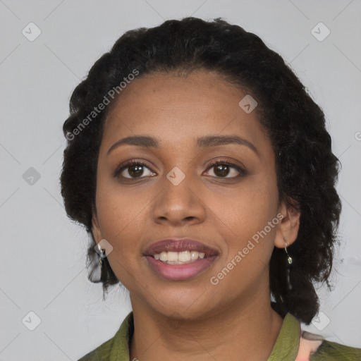 Joyful black young-adult female with medium  black hair and brown eyes