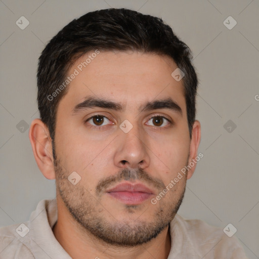 Neutral white young-adult male with short  brown hair and brown eyes