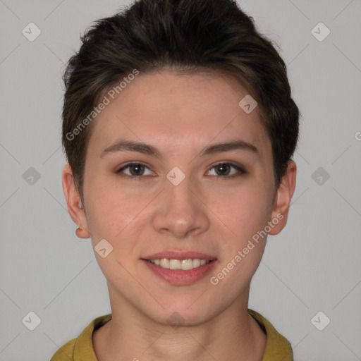 Joyful white young-adult female with short  brown hair and brown eyes