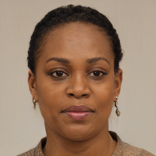 Joyful black adult female with short  brown hair and brown eyes