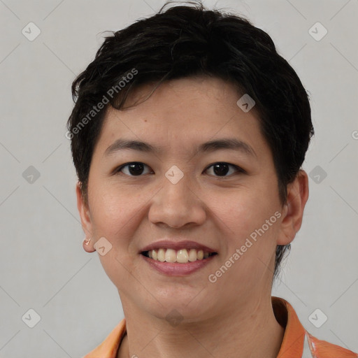 Joyful asian young-adult female with short  brown hair and brown eyes