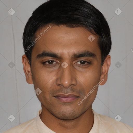 Neutral latino young-adult male with short  black hair and brown eyes