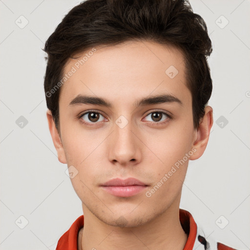 Neutral white young-adult male with short  brown hair and brown eyes