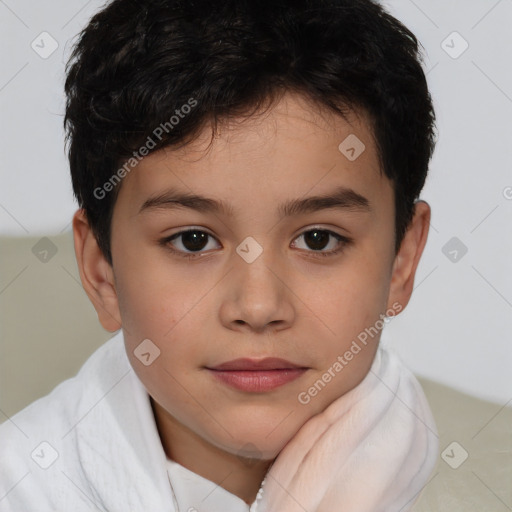 Joyful white child male with short  brown hair and brown eyes