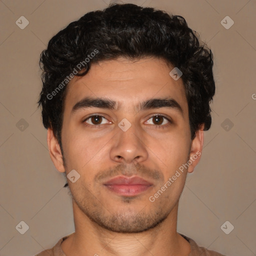 Neutral latino young-adult male with short  black hair and brown eyes