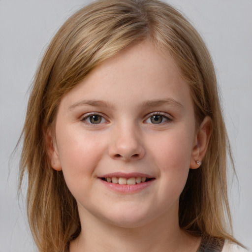 Joyful white child female with medium  brown hair and grey eyes