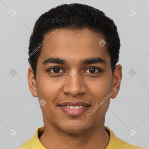 Joyful latino young-adult male with short  black hair and brown eyes