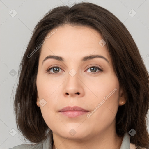 Neutral white young-adult female with medium  brown hair and brown eyes