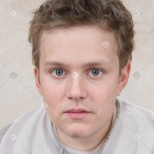 Neutral white young-adult male with short  brown hair and blue eyes