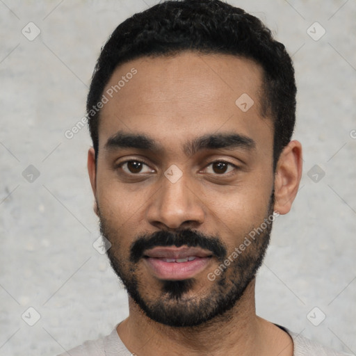 Neutral black young-adult male with short  black hair and brown eyes