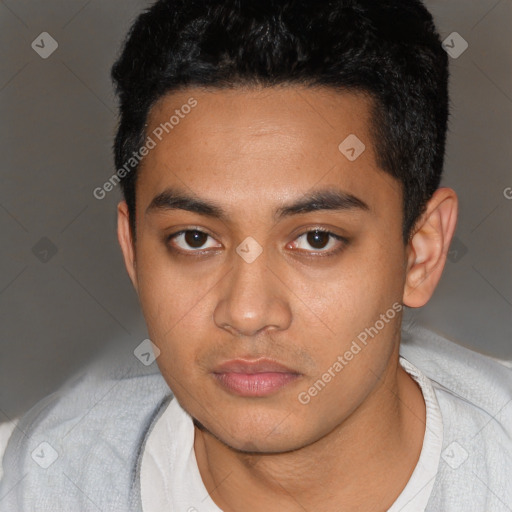 Neutral latino young-adult male with short  black hair and brown eyes