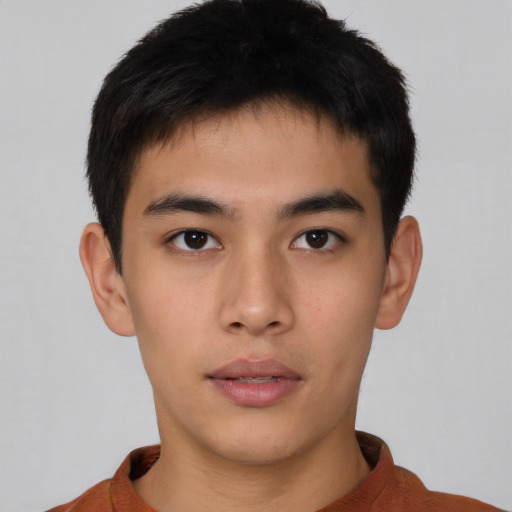 Neutral asian young-adult male with short  brown hair and brown eyes
