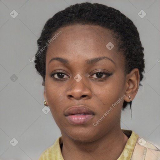 Neutral black young-adult female with short  black hair and brown eyes