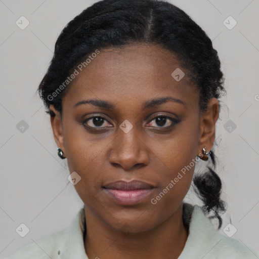 Joyful black young-adult female with medium  black hair and brown eyes