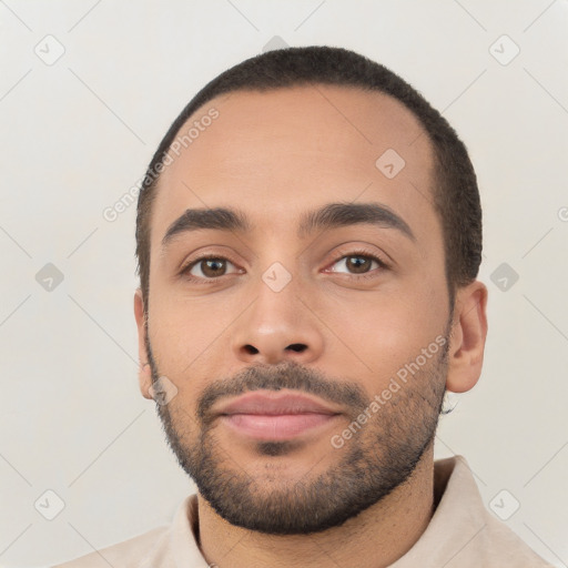 Neutral latino young-adult male with short  black hair and brown eyes