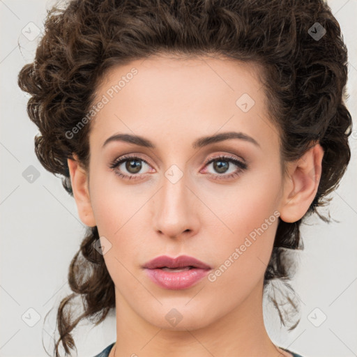 Neutral white young-adult female with medium  brown hair and green eyes