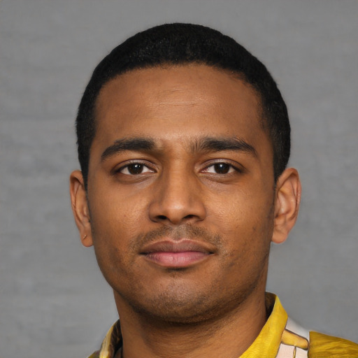 Neutral latino young-adult male with short  black hair and brown eyes