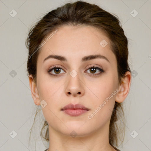 Neutral white young-adult female with medium  brown hair and brown eyes