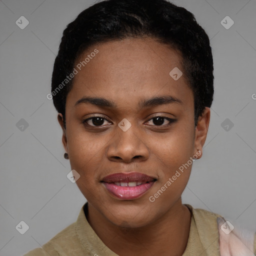 Joyful black young-adult female with short  black hair and brown eyes