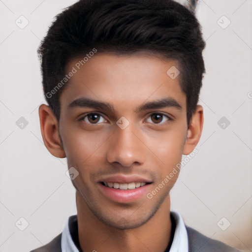 Joyful white young-adult male with short  black hair and brown eyes