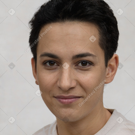 Joyful white young-adult female with short  brown hair and brown eyes