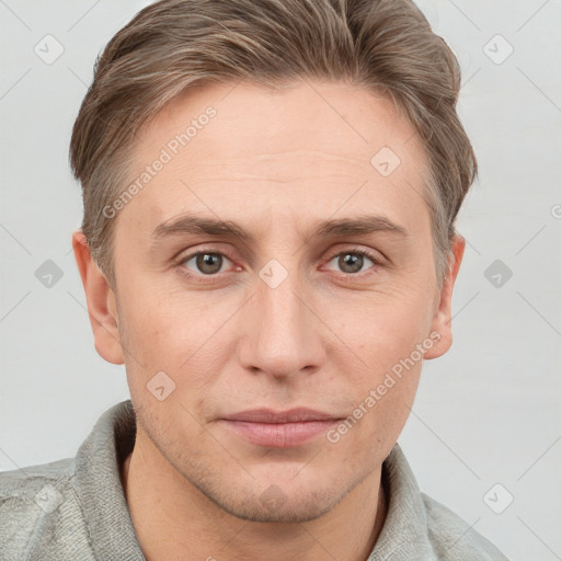 Neutral white adult male with short  brown hair and grey eyes