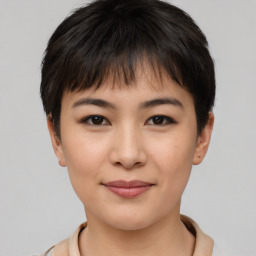 Joyful asian young-adult female with short  brown hair and brown eyes